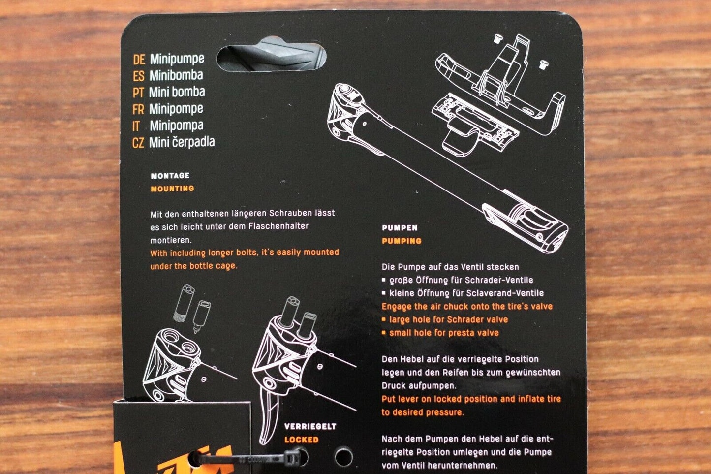 KTM Fahrrad Telescope Minipumpe Luftpumpe mit Halter Staubkappe für alle Ventile